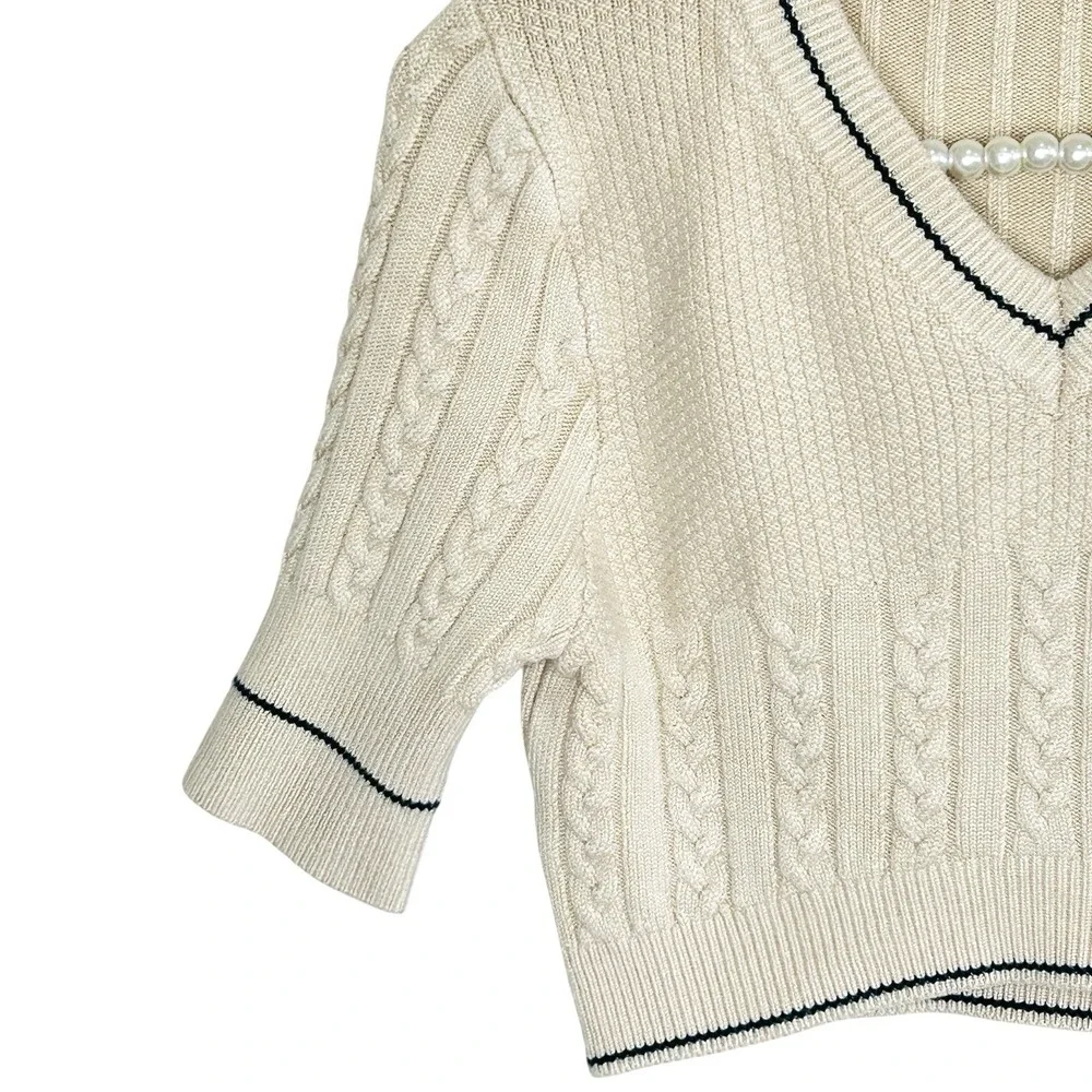 Free People Catch Your Eye Swit Sweater Small Preppy Cropped Cable Knit V Neck‎